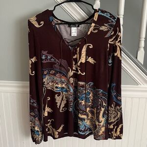 VENUS Burgundy and Beige Paisley Lace-Up Blouse